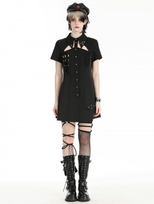 Black Gothic Punk Studded Military Hollow Out Shirt Short Dress