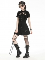 Black Gothic Punk Studded Military Hollow Out Shirt Short Dress