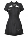 Black Gothic Punk Studded Military Hollow Out Shirt Short Dress