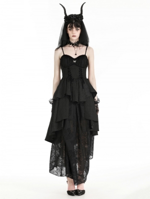 Black Gothic Death Butterfly Embroidered Lace Layered Long Dress