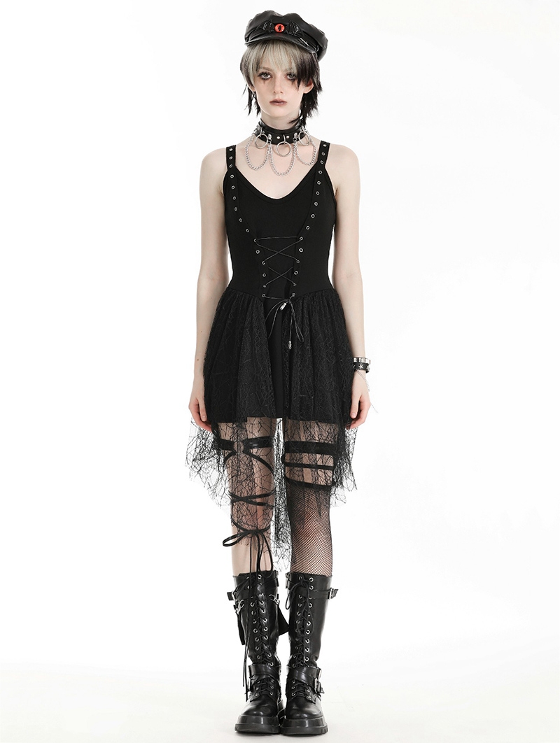 Black Gothic Back Pentagram Irregular Spider Web Dress