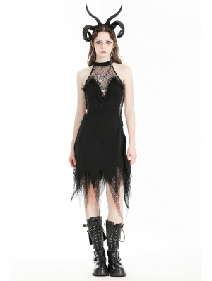 Black Gothic Devil Sexy Net Deep V-Neck Irregular Dress