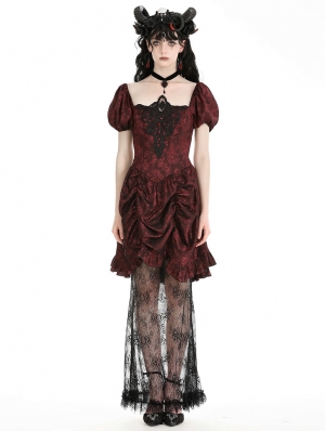 Red Gothic Retro Court Lace Spliced Puff Sleeve Dress