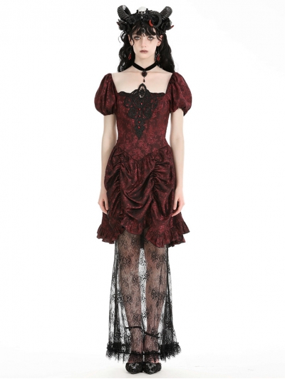 Red Gothic Retro Court Lace Spliced Puff Sleeve Dress