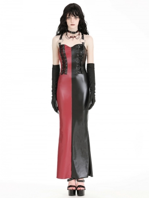 Red and Black Contrast Magical Girl PU Leather Bodycon Maxi Dress