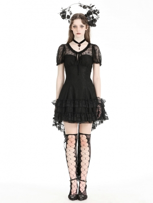 Black Gothic Lace Short Sleeve Tail Party Dress