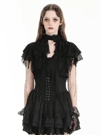 Black Elegant Gothic Rose Lace Cape Blouse for Women