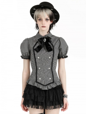 Gray Gothic Academic Striped Double-Breasted Blouse for Women