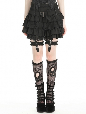 Black Gothic Layered Frilly Skirt With Leg Garter Belt