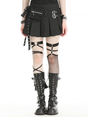 Black Gothic Punk Moto Pleated Cargo Pocket Mini Skirt