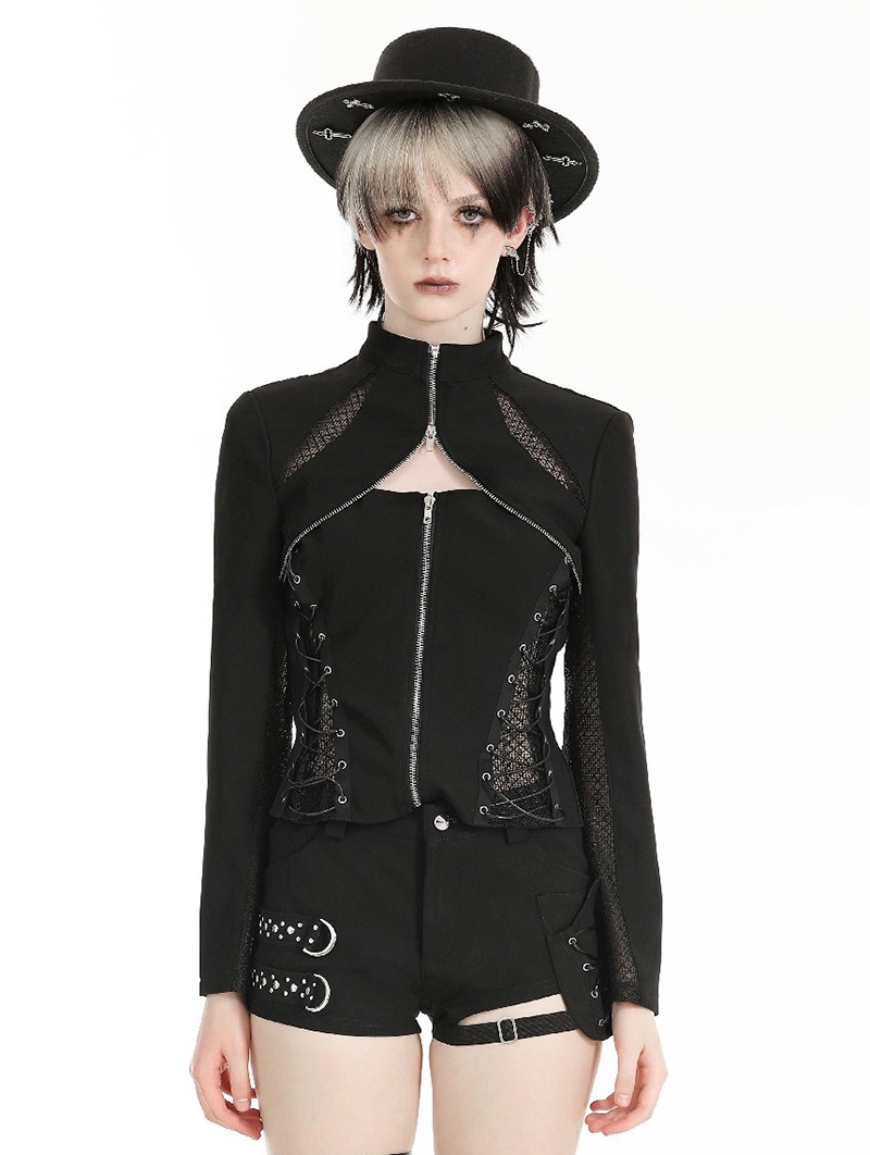 Black Gothic Punk Metallic Hollow Out Zipper Top for Women