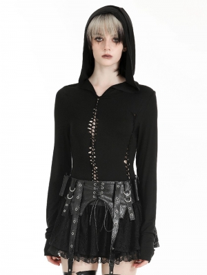 Black Gothic Sexy Fitted Hooded Hollow-Out T-Shirt for Women