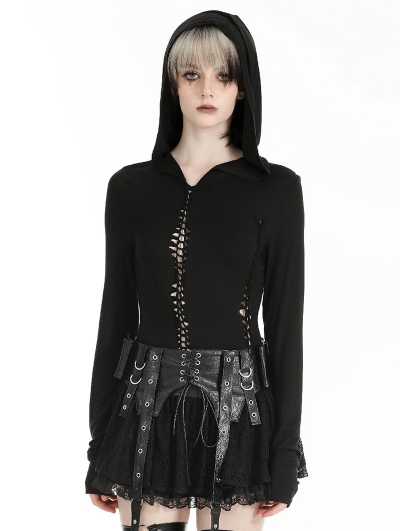 Black Gothic Sexy Fitted Hooded Hollow-Out T-Shirt for Women