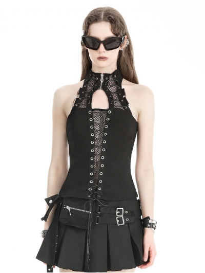 Black Gothic Punk Rebellious Rock Halter Sleeveless Top for Women