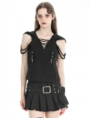 Black Gothic Punk Decadent Sleeveless Hooded Top for Women