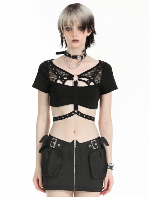 Black Gothic Punk Rock Motorcycle Crop Top for Women
