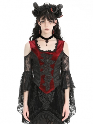 Black and Red Retro Gothic Victorian Off-the-Shoulder Top for Women
