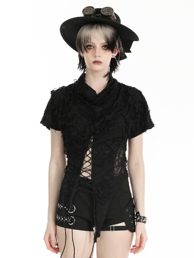 Black Gothic Punk Wasteland Irregular Short Sleeeve T-Shirt for Women