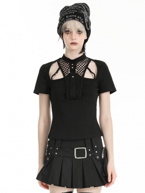Black Gothic Punk Hollow Short Sleeve T-Shirt for Women