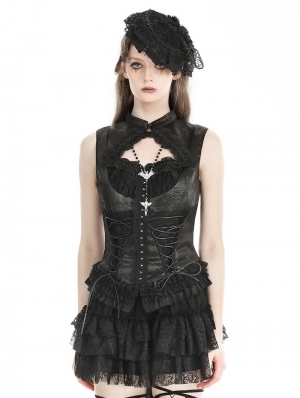 Black Gothic Lace Ruffle Trim Tie-Up Sleeveless Top for Women