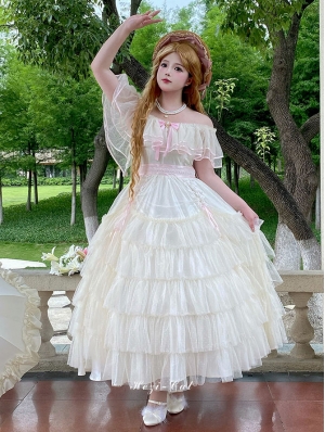 Creamy Off-the-Shoulder Princess Tiered Classic Lolita OP Dress