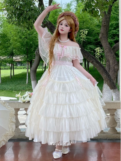 Creamy Off-the-Shoulder Princess Tiered Classic Lolita OP Dress