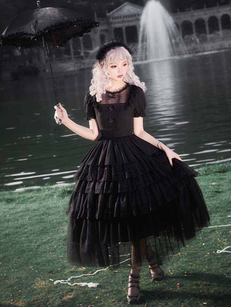 Black Gothic Puff Sleeves Ruffle Tiered Victorian Lolita OP Dress