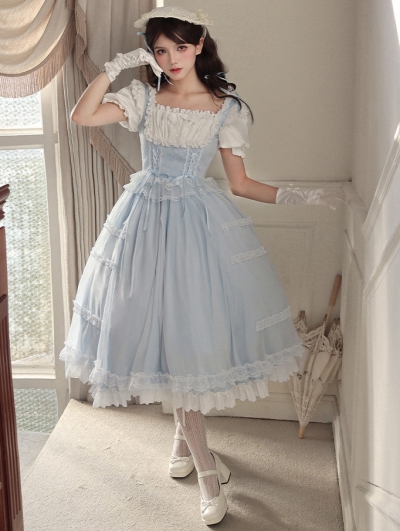 White and Blue Square Neck Classic Lolita OP Dress with Detachable Collar