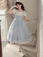 White and Blue Square Neck Classic Lolita OP Dress with Detachable Collar