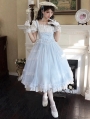 White and Blue Square Neck Classic Lolita OP Dress with Detachable Collar