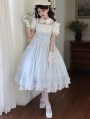 White and Blue Square Neck Classic Lolita OP Dress with Detachable Collar