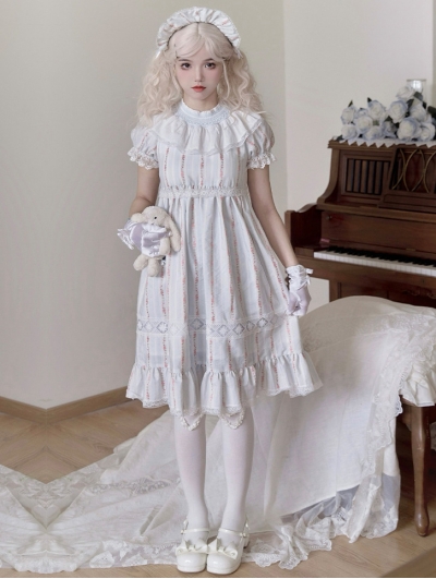 Blue Sweet Doll High Waist Cotton Rose Print Lolita OP Dress