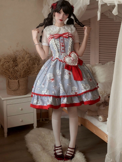 Blue and Red Bowknot Teacup Teddy Print Sweet Lolita JSK Dress