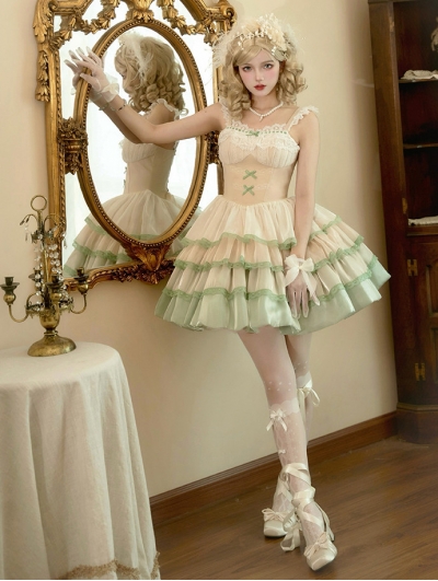 Champagne and Green Lace Trim Tiered Classic Lolita JSK Dress