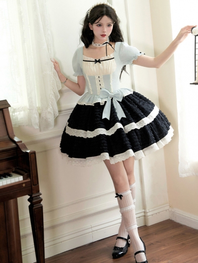 Mint Green and Black Fake Two-Pieces Classic Lolita OP Dress