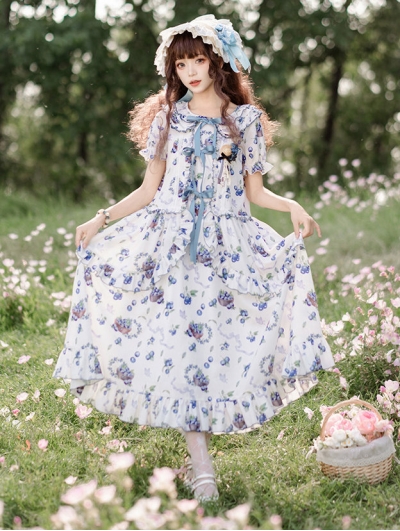 White Blueberry Print Sweet Bow Pastoral Style Lolita OP Dress