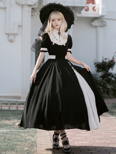 Black and White Classic Lace-Up Split Gothic Lolita OP Dress