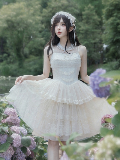 Beige Fantasy Princess Tiered Short Classic Tulle Lolita JSK Dress