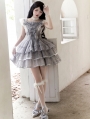 Gray Diamond Print Flutter Sleeves Sweet Tiered Lolita JSK Dress