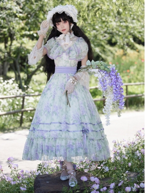 Light Green and Purple Floral Print Ruffle Classic Lolita OP Dress