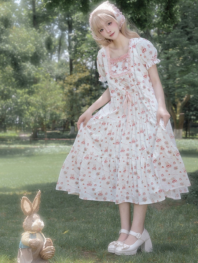 White and Pink Teddy Strawberry Print Cotton Classic Lolita OP Dress