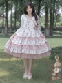 White and Pink Teddy Strawberry Print Tiered Classic Lolita JSK Dress