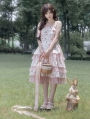 White and Pink Teddy Strawberry Print Tiered Classic Lolita JSK Dress