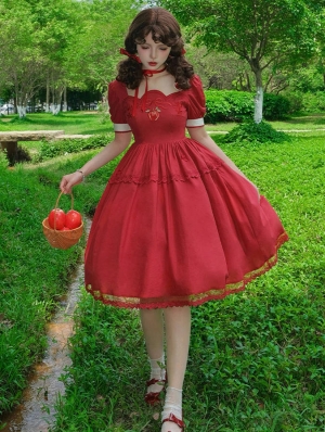 Red Apple Embroidery Puff Sleeves Classic Cottagecore Lolita OP Dress