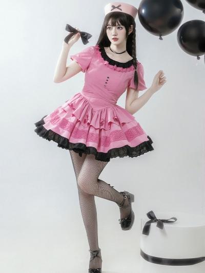 Black and Pink Sweet Ruffle Neck Puff Sleeves Lolita OP Dress