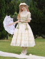 Creamy Floral Print Embroidery Lace Ruffle Classic Lolita OP Dress