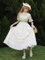 Creamy Floral Print Embroidery Lace Ruffle Classic Lolita OP Dress