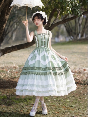 Green and White Ruffle Trim Drawstring Classic Lolita JSK Dress