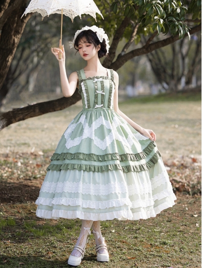 Green and White Ruffle Trim Drawstring Classic Lolita JSK Dress