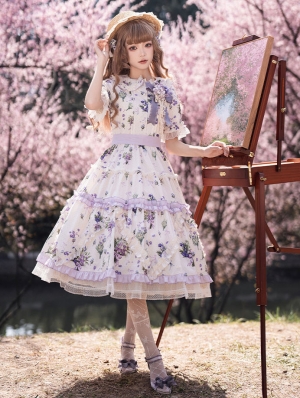 Purple Platycodon Grandiflorum Floral Print Classic Lolita OP Dress